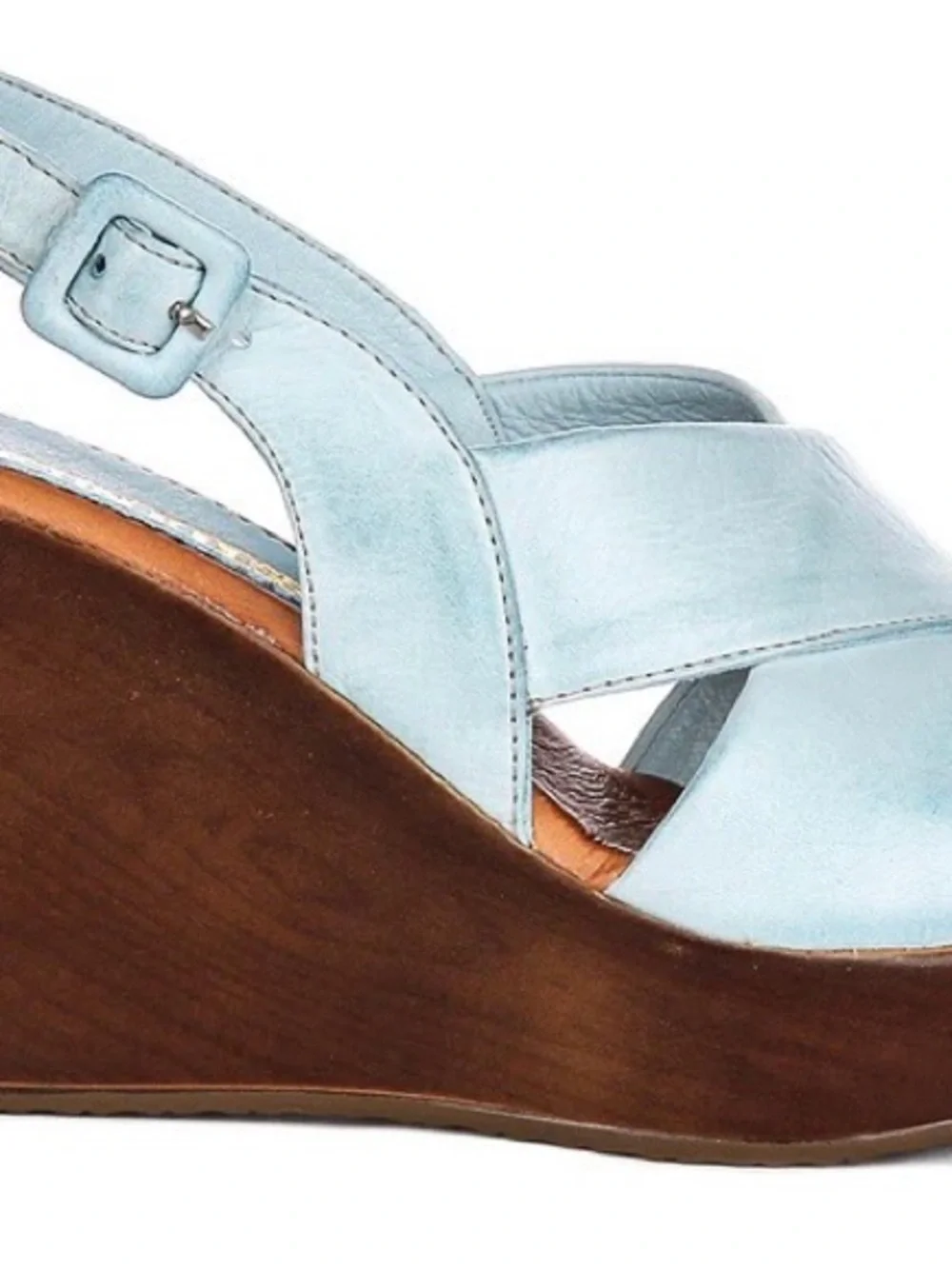 Sky Blue Leather Espadrille Wedge Sandals with Adjustable Buckle